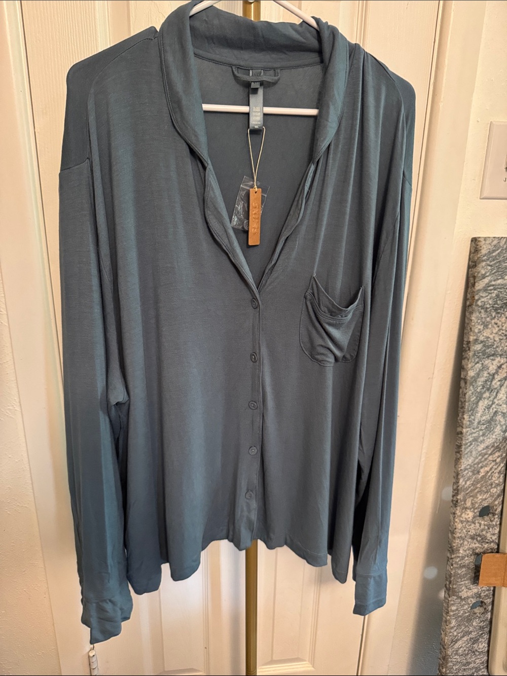 SKIMS Long Sleeve Button-Front Lounge Shirt in Slate Blue
